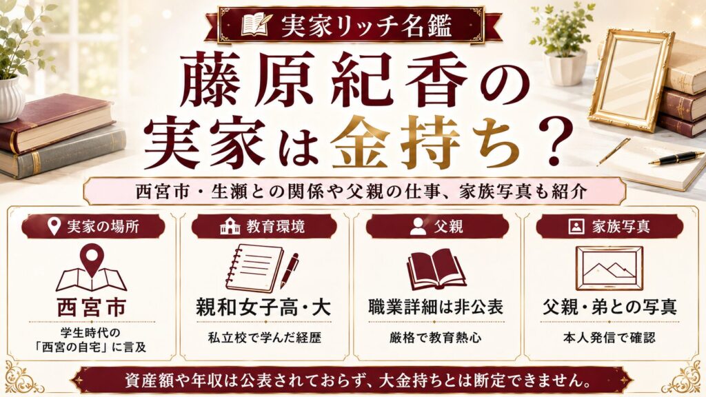 藤原紀香の実家は金持ち？西宮市・生瀬との関係や父親の仕事、家族写真も紹介の記事のアイキャッチ画像