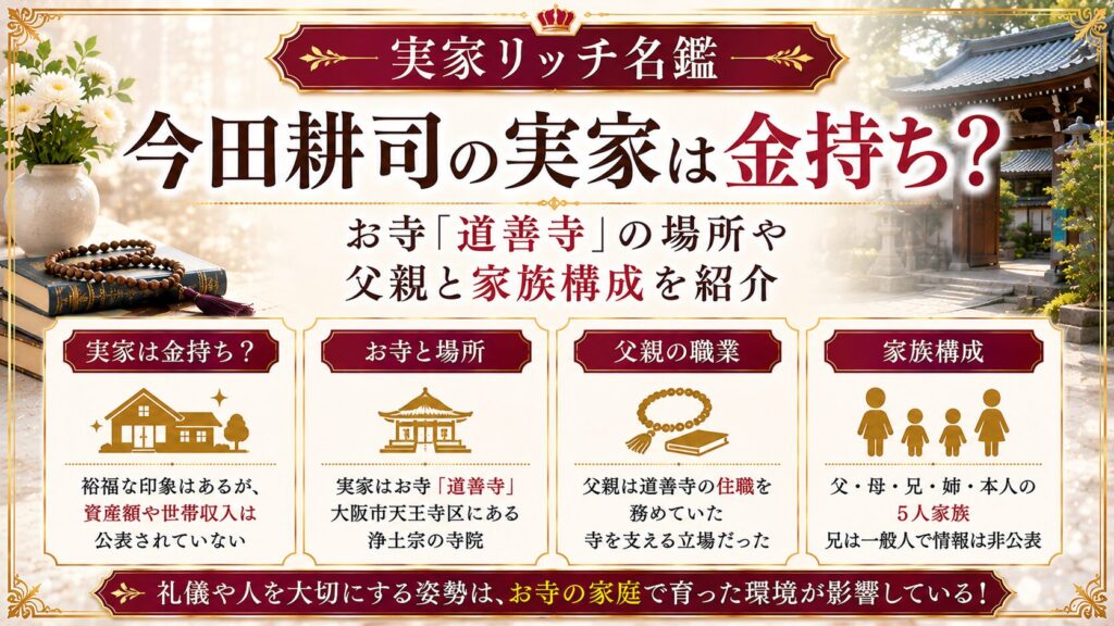 今田耕司の実家は金持ち？お寺・道善寺の場所や父親と家族構成を紹介の記事のアイキャッチ画像