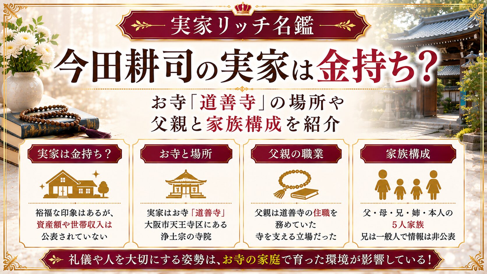 今田耕司の実家は金持ち？お寺・道善寺の場所や父親と家族構成を紹介の記事のアイキャッチ画像