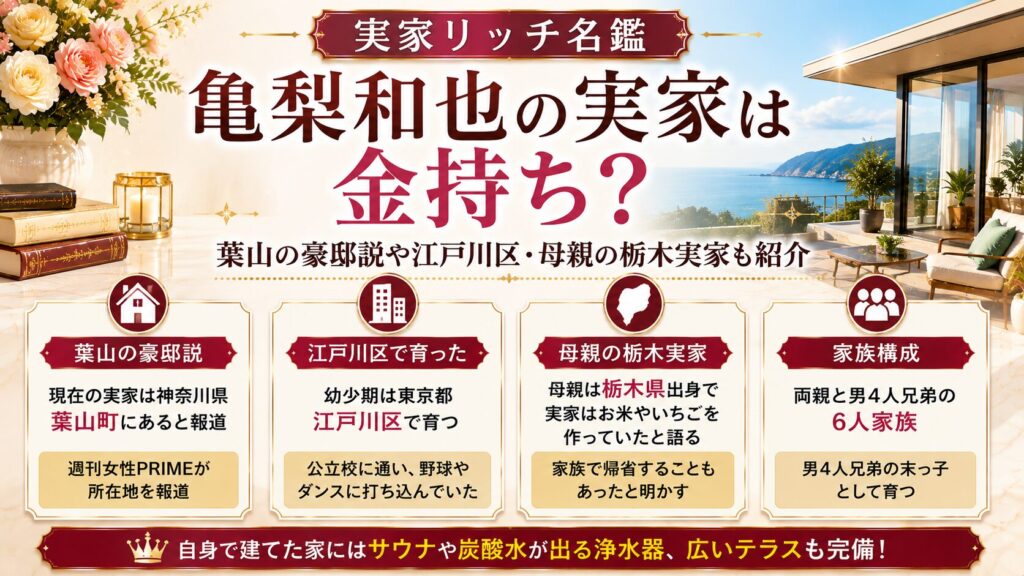 亀梨和也の実家は金持ち？葉山の豪邸説や江戸川区・母親の栃木実家も紹介の記事のアイキャッチ画像