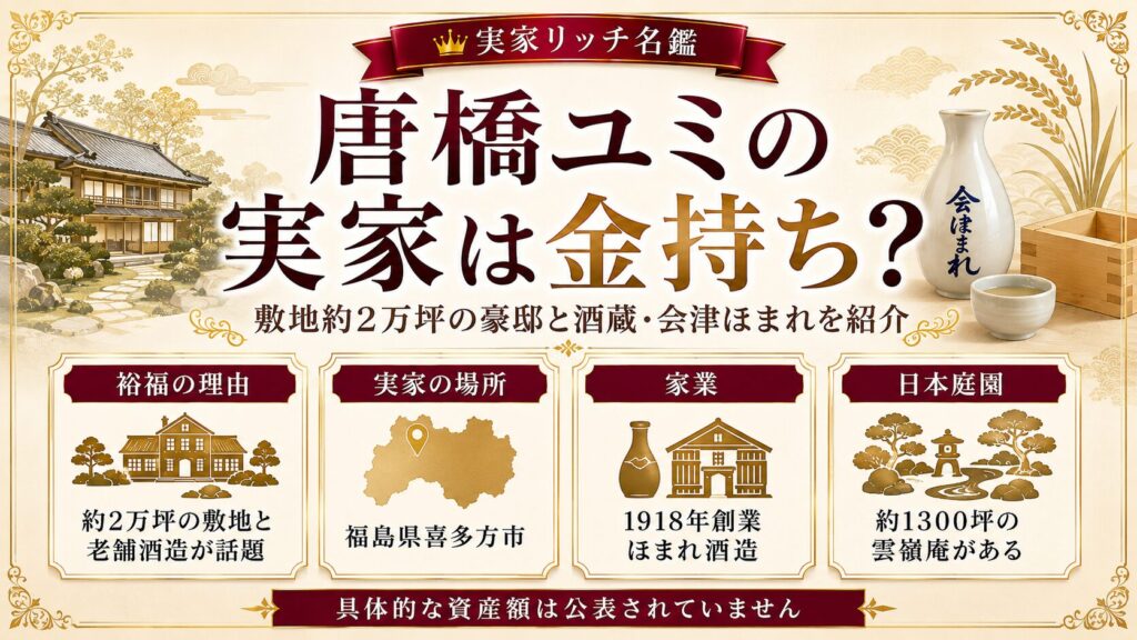 唐橋ユミの実家は金持ち？敷地約2万坪の豪邸と酒蔵・会津ほまれを紹介の記事のアイキャッチ画像