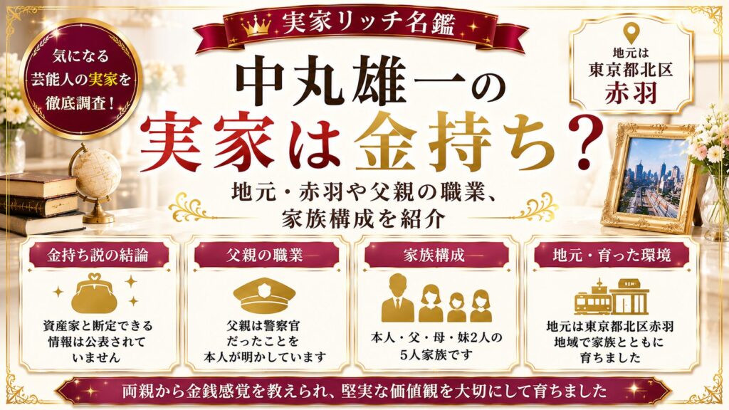 中丸雄一の実家は金持ち？地元・赤羽や父親の職業、家族構成を紹介の記事のアイキャッチ画像