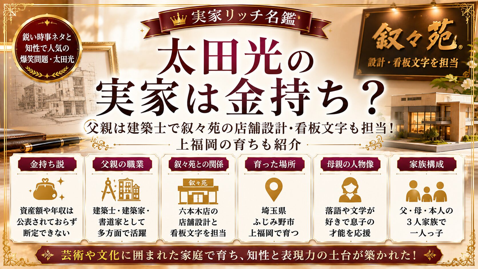 太田光の実家は金持ち?父親は建築士で叙々苑の店舗設計・看板文字も担当!上福岡の育ちも紹介の記事のアイキャッチ画像