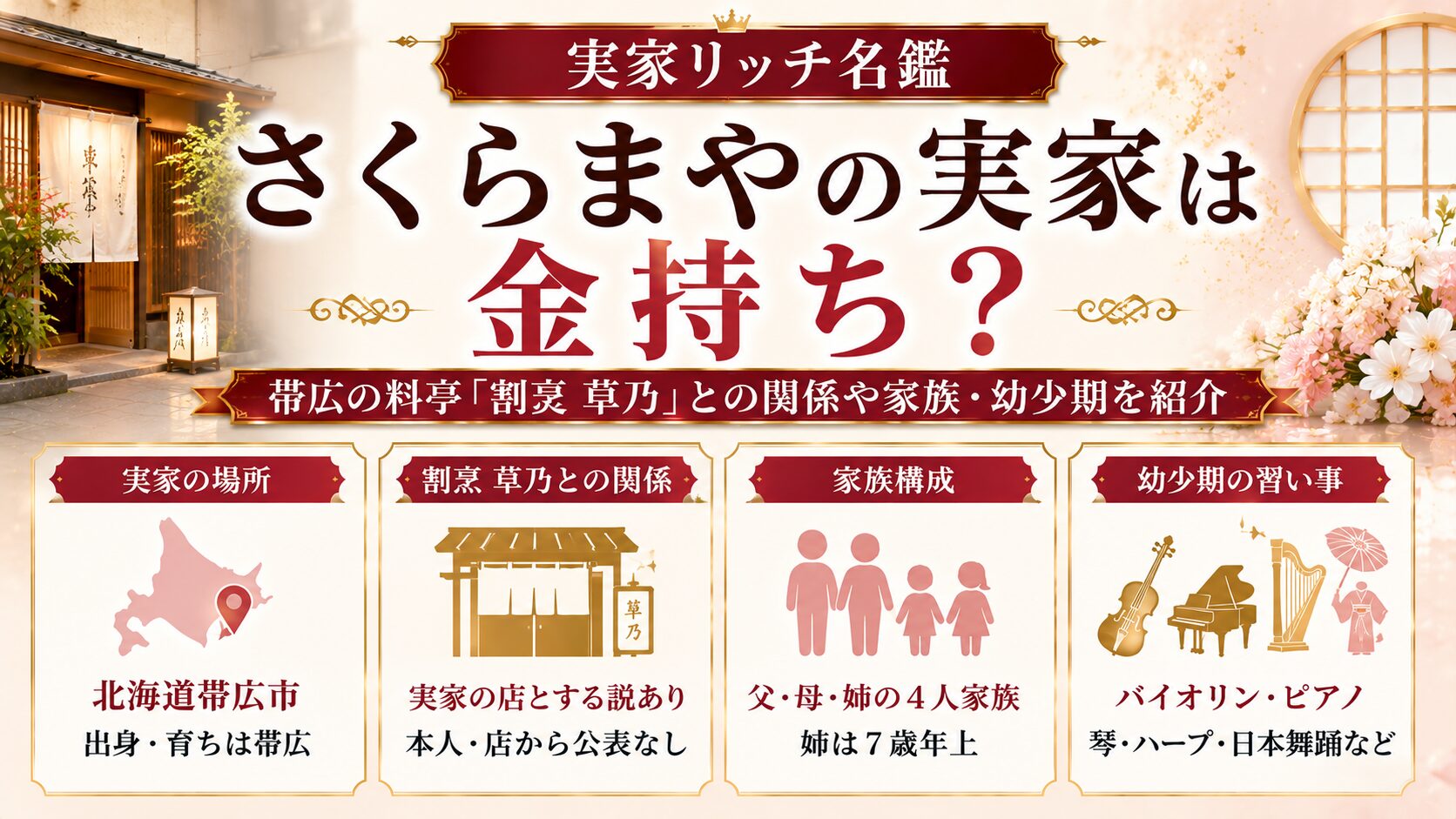 さくらまやの実家は金持ち？帯広の料亭「割烹 草乃」との関係や家族・幼少期を紹介の記事のアイキャッチ画像