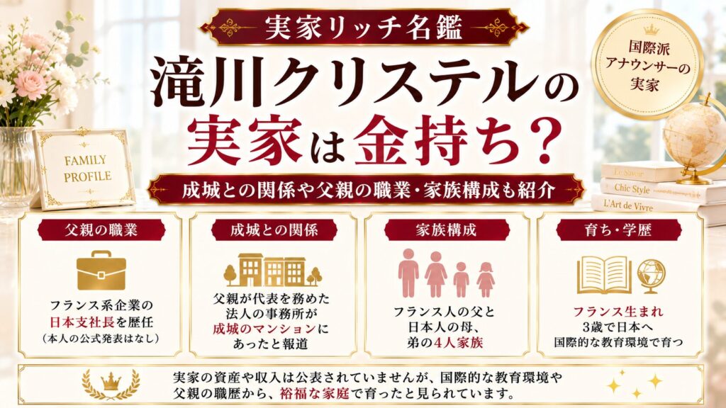滝川クリステルの実家は金持ち？成城との関係や父親の職業・家族構成も紹介の記事のアイキャッチ画像