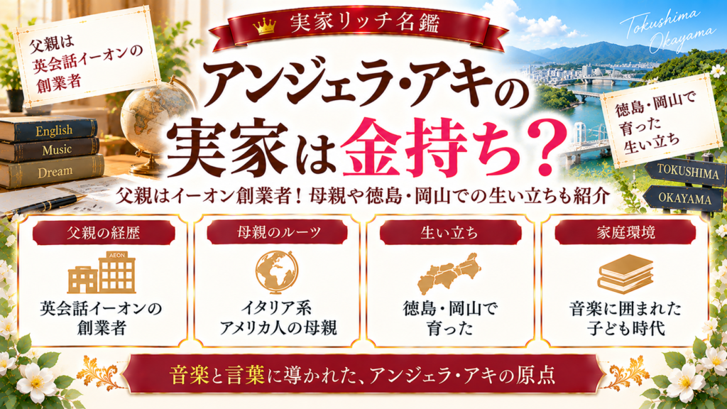 アンジェラ・アキの実家は金持ち？父親はイーオン創業者！母親や徳島・岡山での生い立ちも紹介の記事のアイキャッチ画像