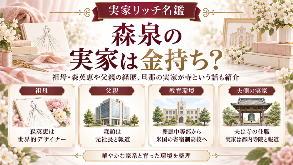 森泉の実家は金持ち？祖母・森英恵や父親の経歴、旦那の実家が寺という話も紹介の記事のアイキャッチ画像
