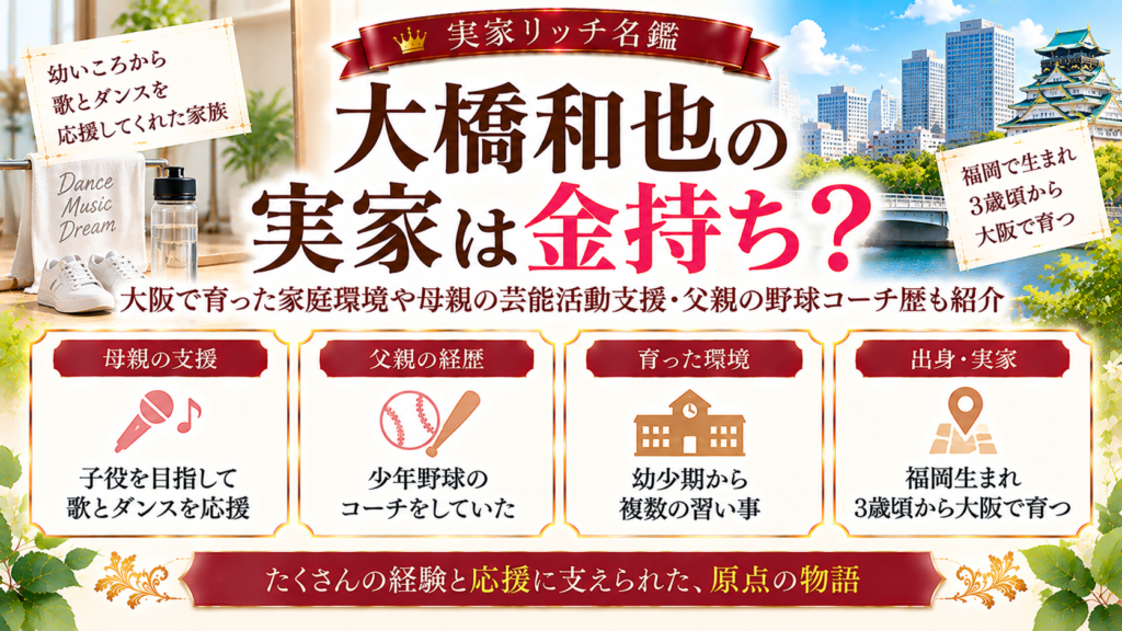 大橋和也の実家は金持ち？大阪で育った家庭環境や母親の芸能活動支援・父親の野球コーチ歴も紹介の記事のアイキャッチ画像