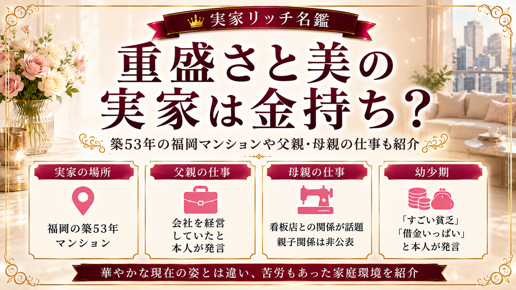重盛さと美の実家は金持ち？築53年の福岡マンションや父親・母親の仕事も紹介の記事のアイキャッチ画像